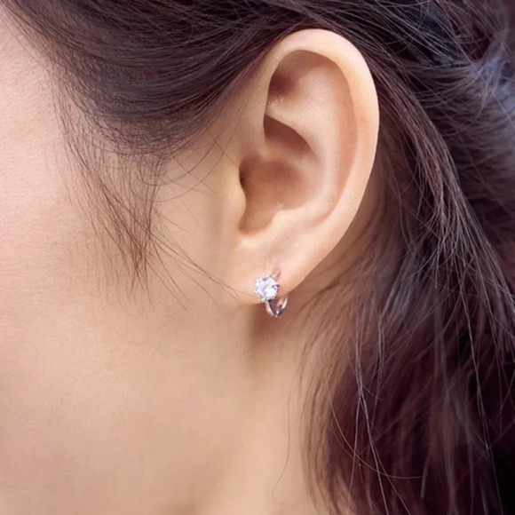 925 Sterling Silver Diamond Huggie Hoop Earrings - Picture 2 of 7